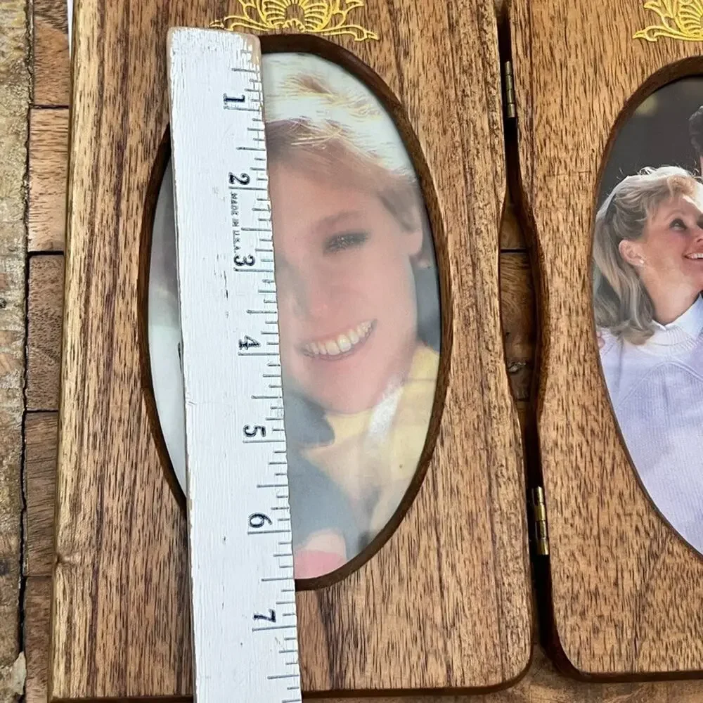 Vintage Carved Wooden Hinged Double Photo Frame Fits 3.5